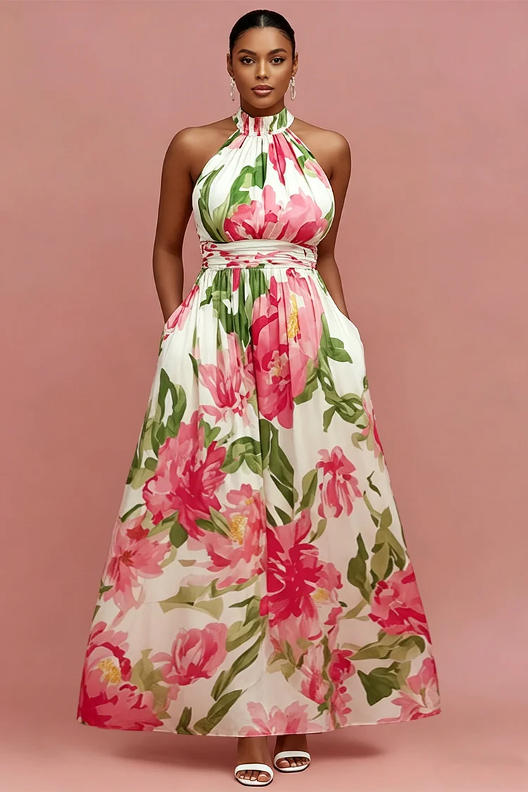 Xpluswear Design Plus Size Vacation Sundress Pink Floral Halter Collar Pocket Maxi Dresses [Pre-Order] 2024 - Xpluswear
