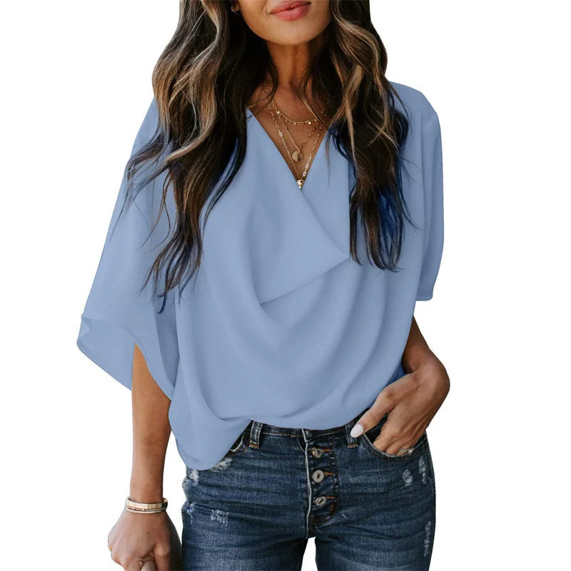 Uveng Summer V-neck Loose Half Sleeve Blouses