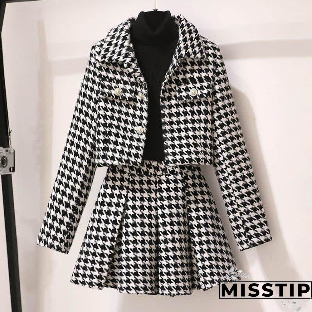 Chic Houndstooth Print Crop Blazer Jacket Pleated Skirt
