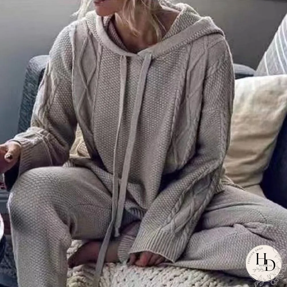 Fashion Loose Solid Knit 2 Piece Suit Women Autumn Casual Long Sleeve Hooded Drawstring Sweater And Elastic Waist Trousers Sets