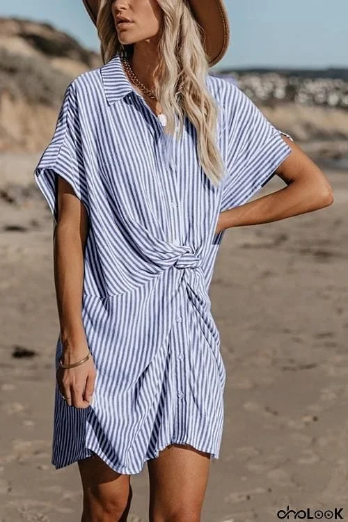 Knot Stripe Shirt Mini Dress