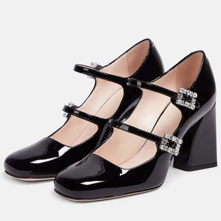 Black Patent Leather Double Strap Mary Jane Shoes with Block Heels |FSJ Shoes