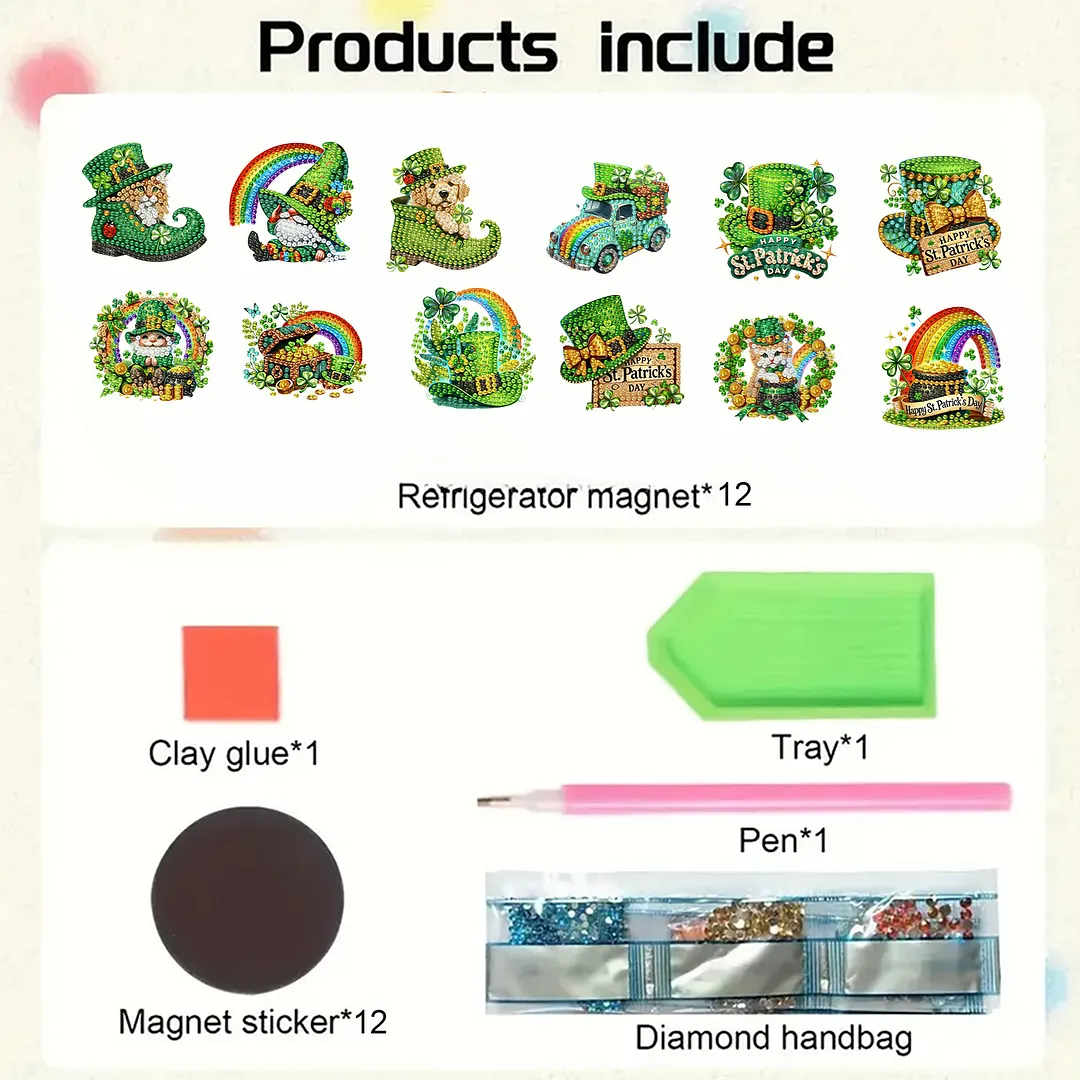 12Pcs St Patricks Day DIY Diamond Art Fridge Magnet Refrigerator Sticker Diamond Art Stickers Refrigerator Painting Kits for Beginners Adults DIY Craft Gifts Home Decors