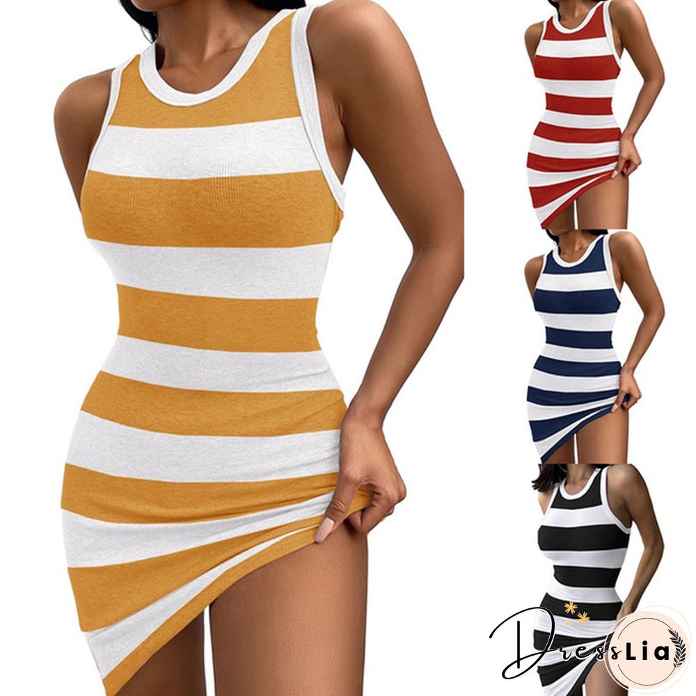 Summer Fashion Women Retro Striped O-neck Short Sleeve Slim Fit Temperament Dress