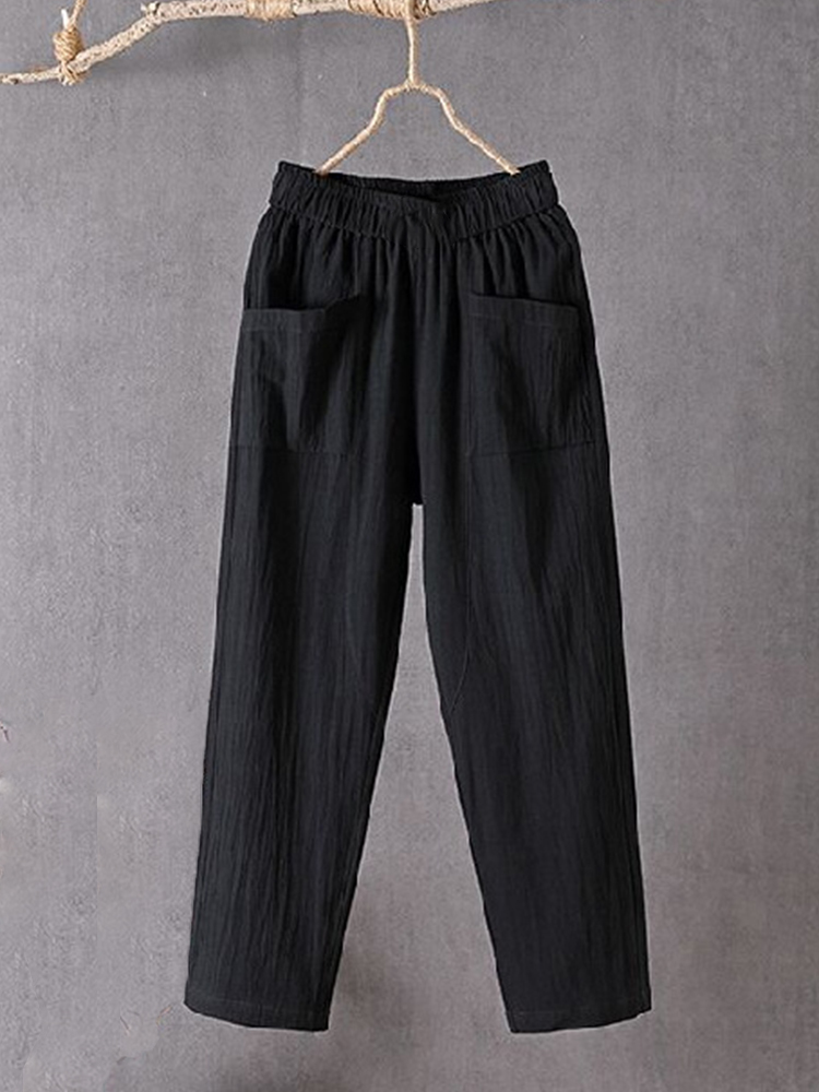 Comstylish Women's Pockets Design Linen Blend Elastic Waist Pants