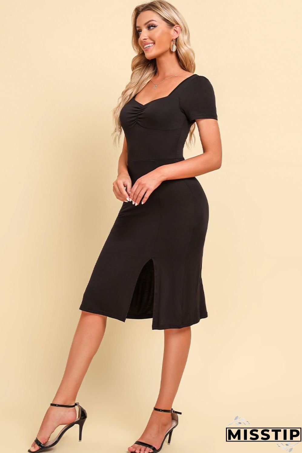 Ruched Sweetheart Neck Short Sleeve Slit Dress
