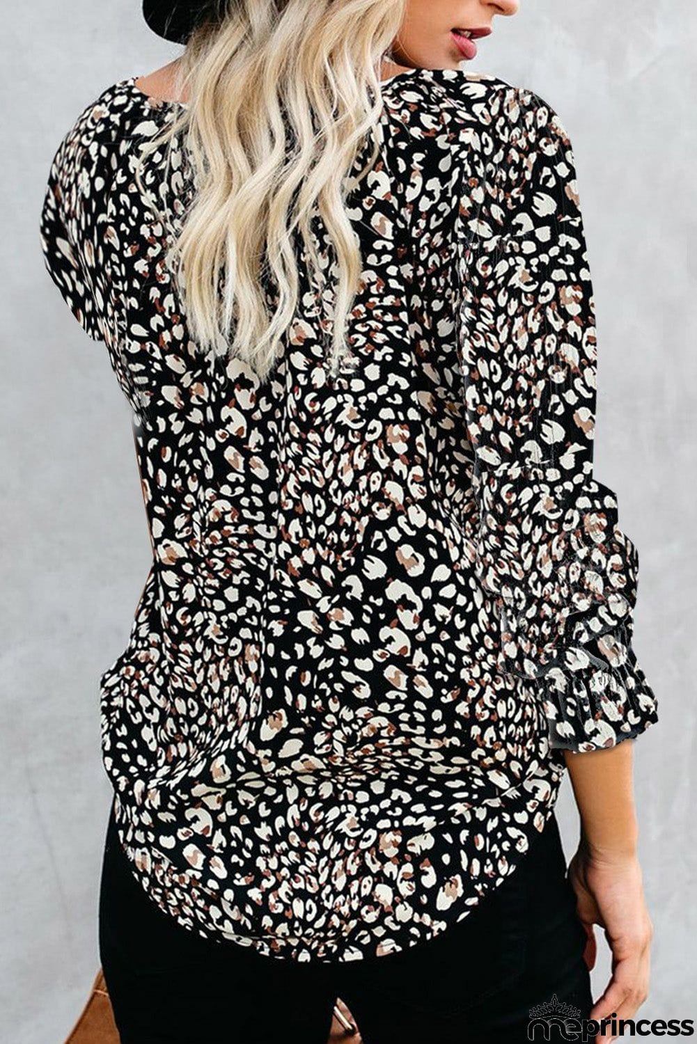Printed Long Sleeve V-Neck Drawstring Shirt