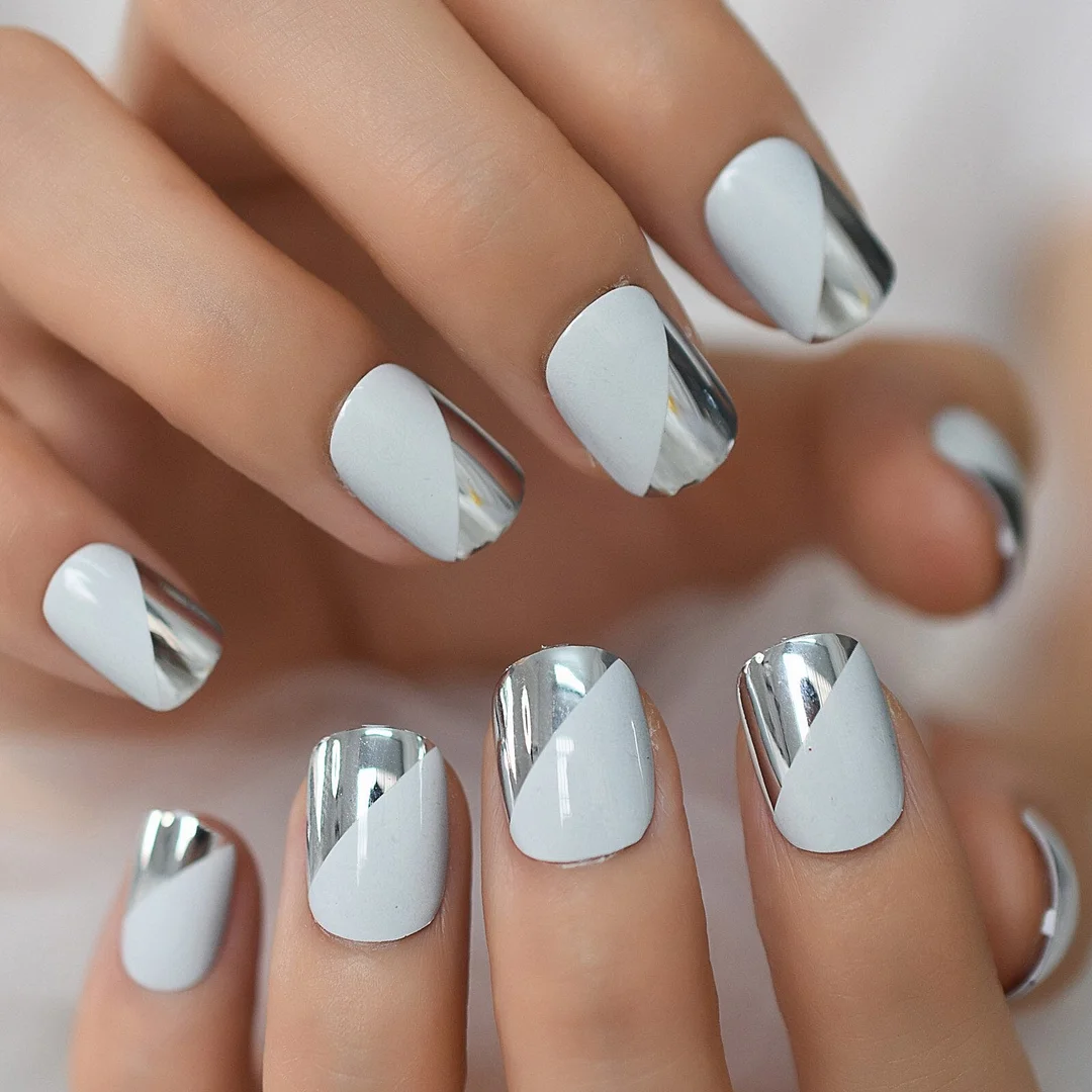 Short Square Gray-Sliver Design Nails Gel Tips Decoration Nails False Nails Stick On Nail Nails Fingernails Wholesale Layered-Nail Inspo