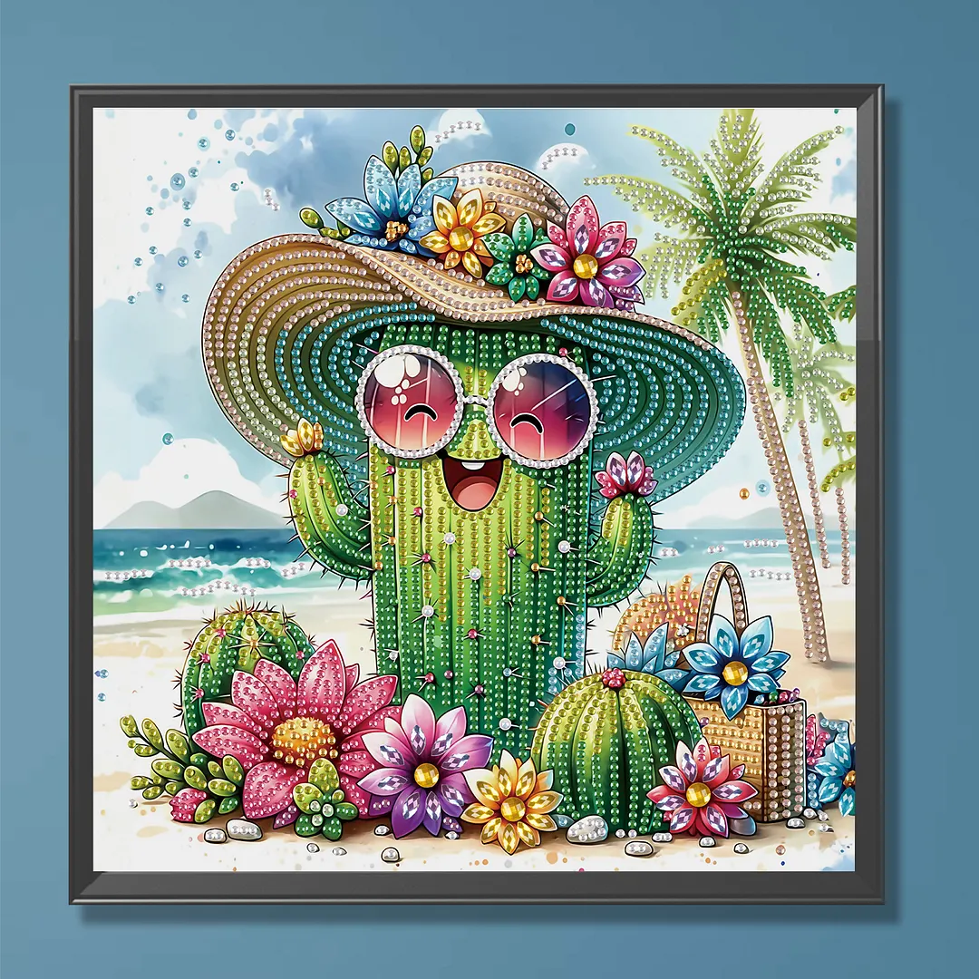 Beach Straw Hat Cactus Special Shaped 5D DIY Partial Drill Diamond Painting Kits for Adults Beginners Home Decor Diamonds Paintings Gem Art 11.81 X11.81inch