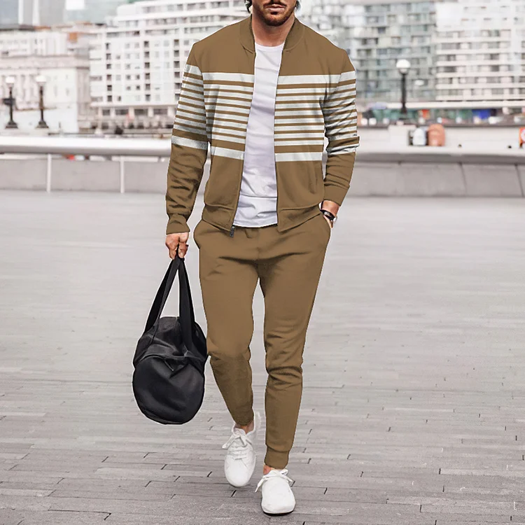 Schlichtes zweiteiliges Set aus Jacke und Hose mit weißem Streifenmuster