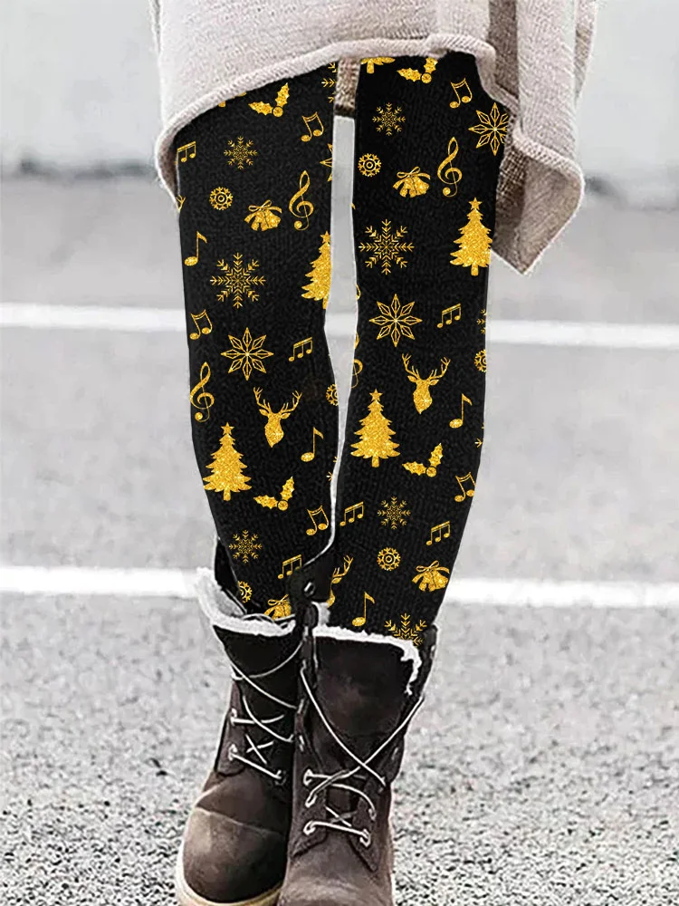 Comstylish Golden Music Note Christmas Pattern Casual Cozy Stretch Leggings