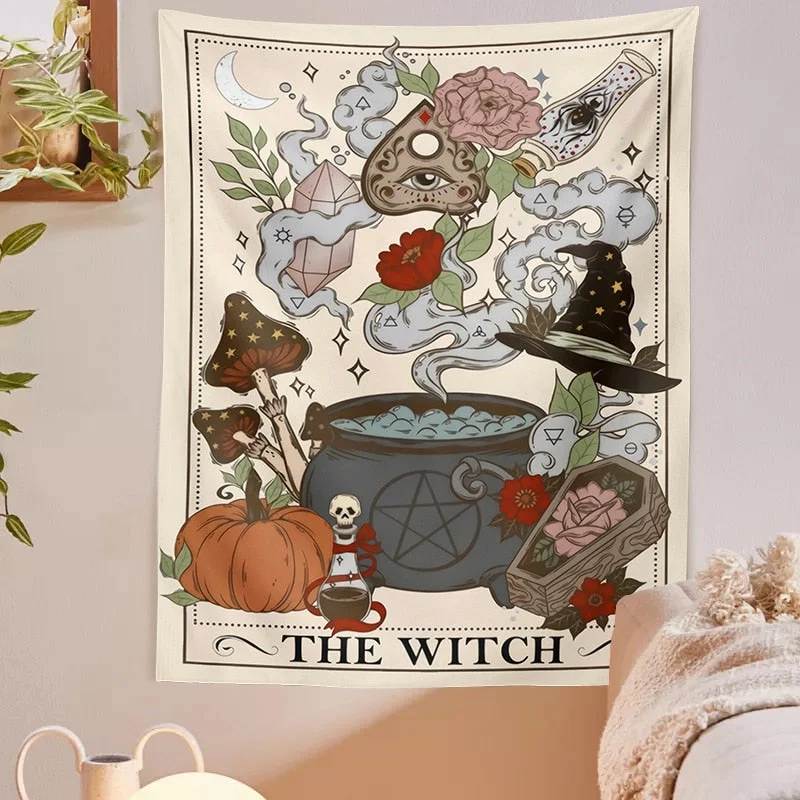 The Witch Tarot Card Tapestry Wall Hanging Retro Witchy Boho Cottage core Home Decor Hippie Mushroom Wall Carpet Decoration