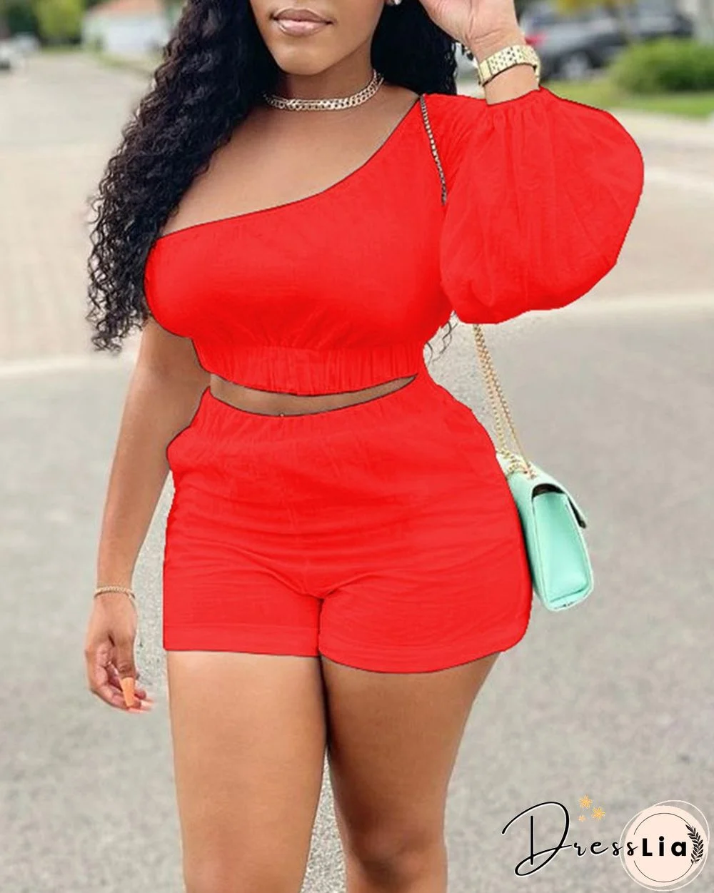 Solid Color One Shoulder Crop Top & Shorts Set