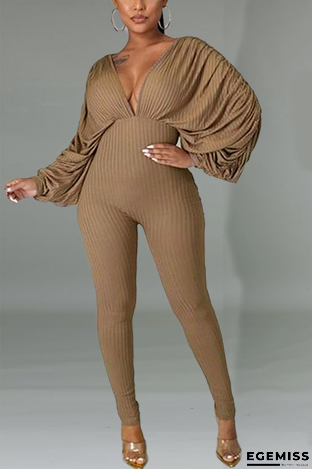 Coffee Sexy Solid Patchwork V Neck Skinny Jumpsuits | EGEMISS