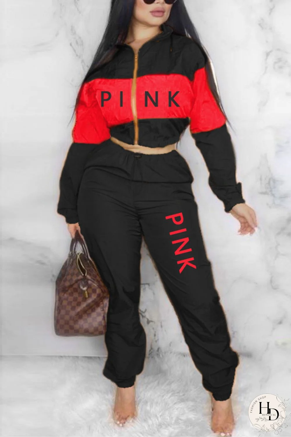 Black Red Casual Sportswear Long Sleeve Zipper Collar Regular Sleeve Short Letter Print Two Pieces