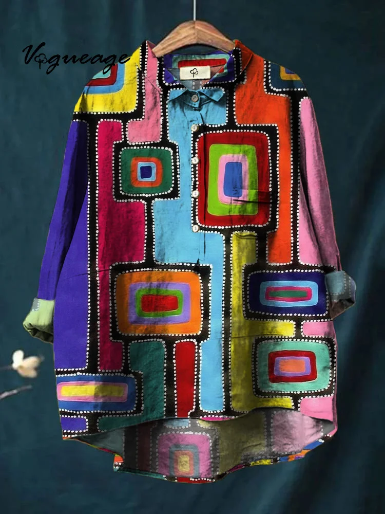 Line Color Square Printed Cotton And Linen Shirt