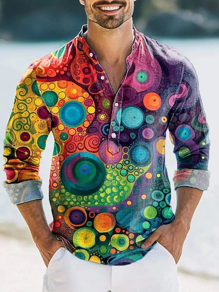 Men's Vintage Color Line Dot Art Print Long Sleeve Henley Shirt