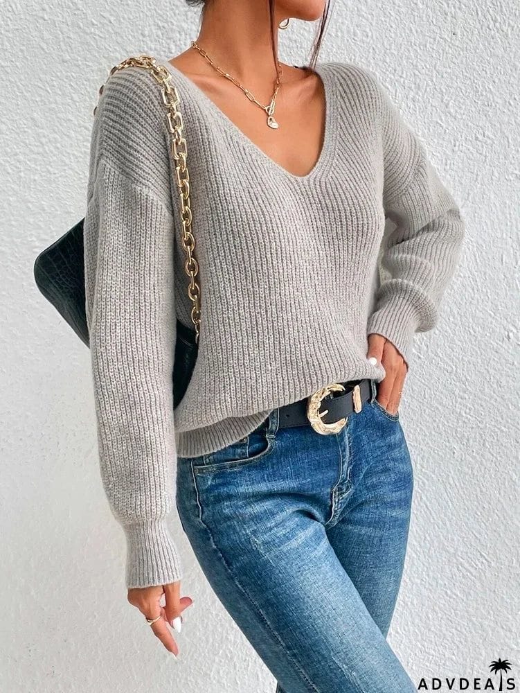 Fashion Long Sleeves V-Back Split-Joint Lace V-Neck Sweater Tops