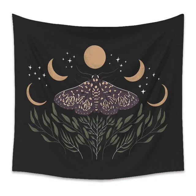 Bee Butterfly Flower Plant Tapestry Wall Hanging Black Background Cloth Moon Sun Tapestry For Farmhouse Decoration tapestry