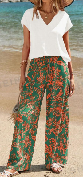 Mature Women Fashion Solid V-Neck Short Sleeve Top And Botanical Print Pants Suits