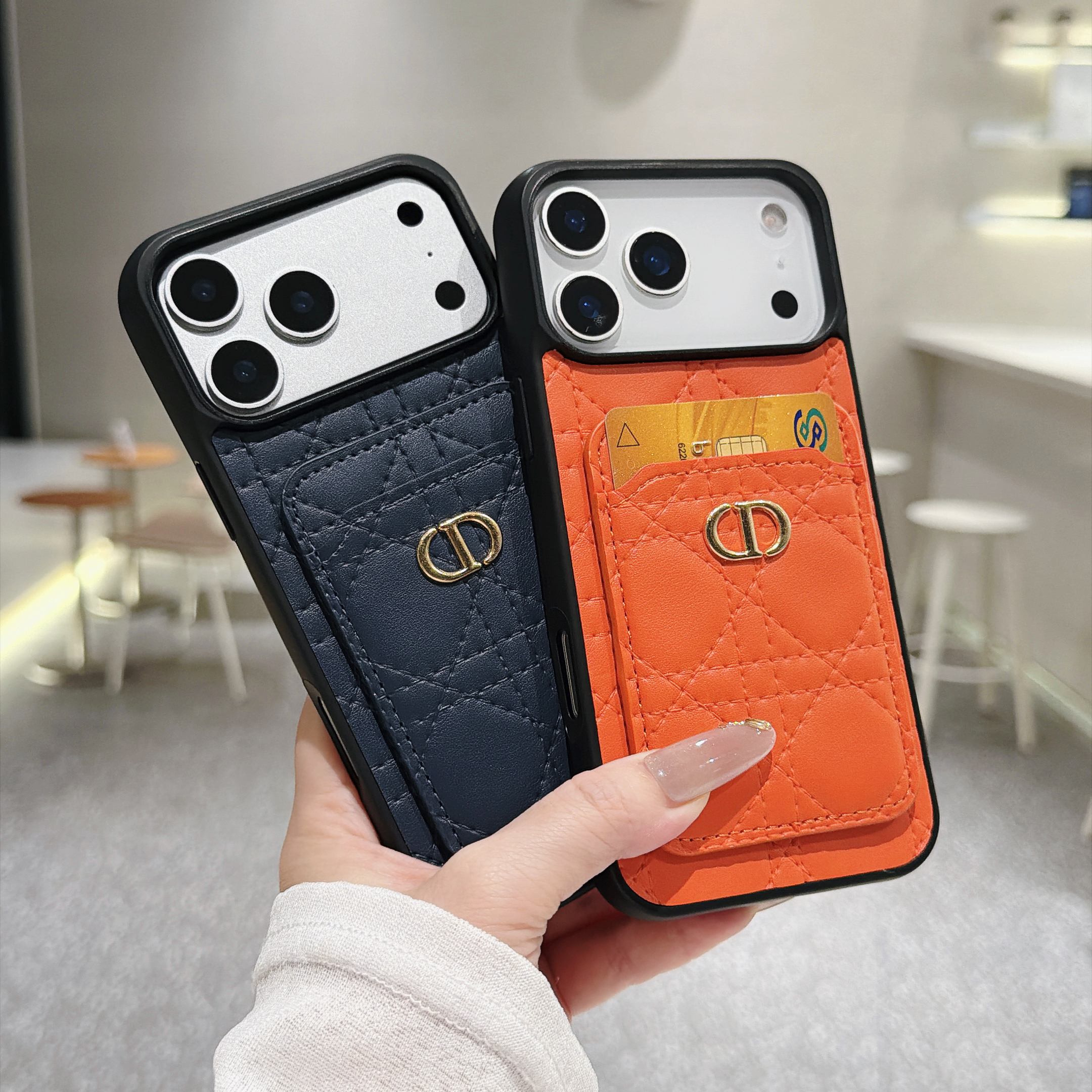 Elegant Dior Cannage Quilted Leather Cardholder Case for iPhone Series