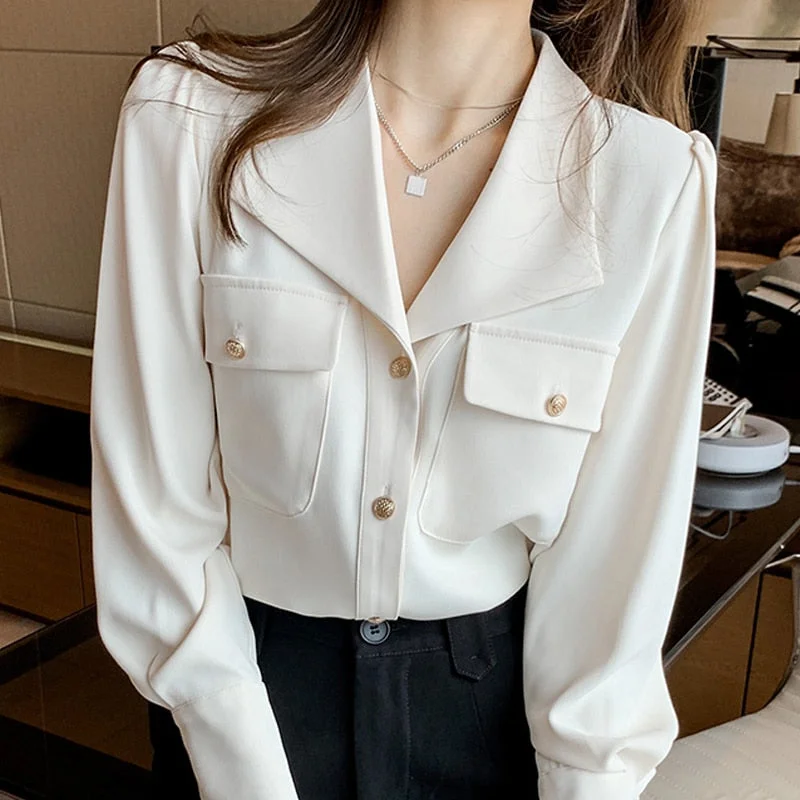 Long Sleeve Women Blouses Femme Blouse Women Blusas Mujer De Moda 2021 V-Neck Office Chiffon Blouse Shirt Tops Shirts Women E588