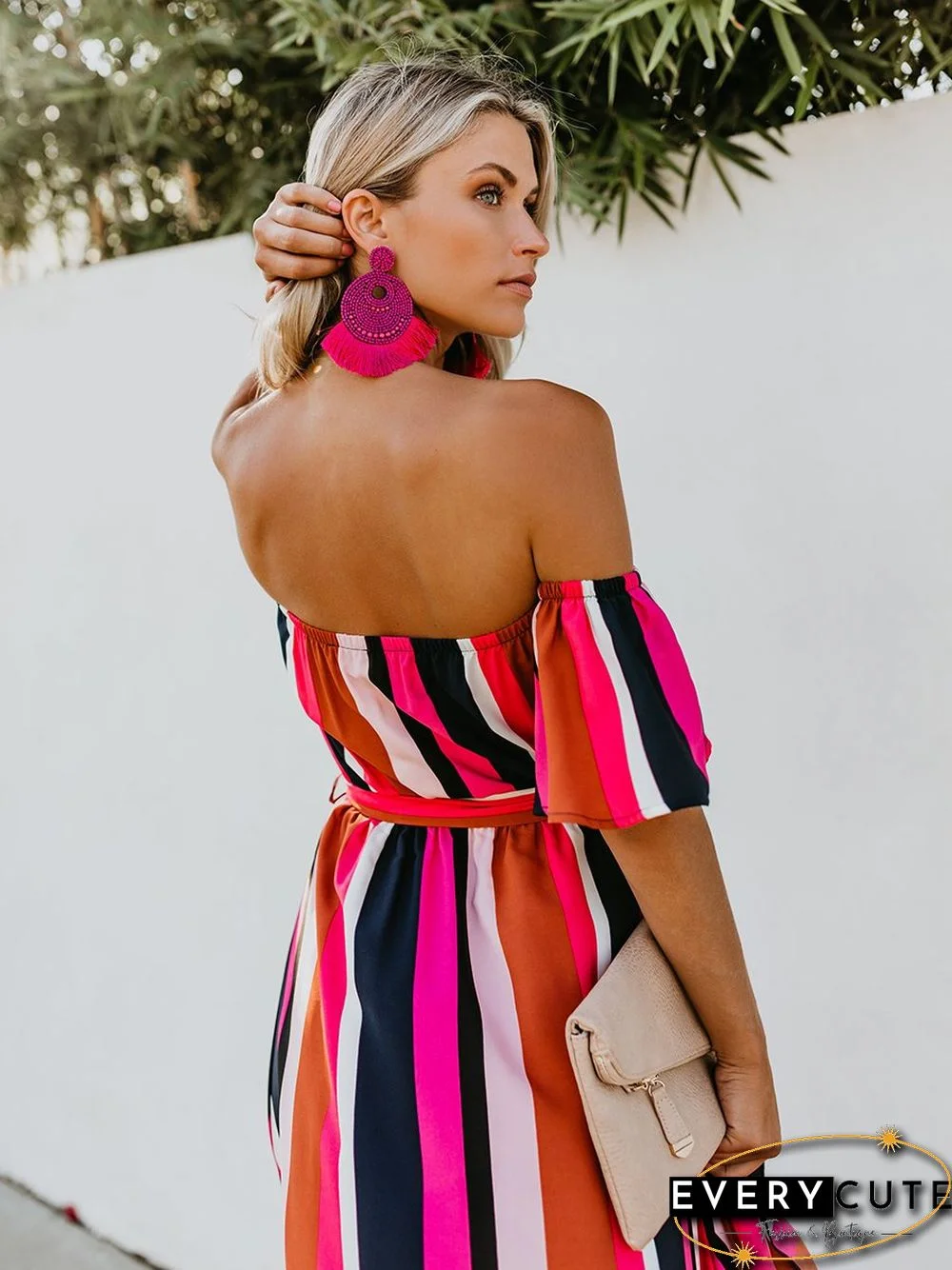 Vacation Off Shoulder Striped Belt Maxi Dress
