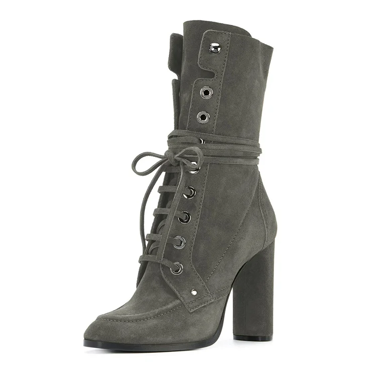 Grey Vegan Suede Lace up Boots Round Toe Chunky Heel Mid Calf Boots |FSJ Shoes
