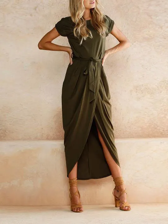 Solid Color Round Neck Split Hem Dress