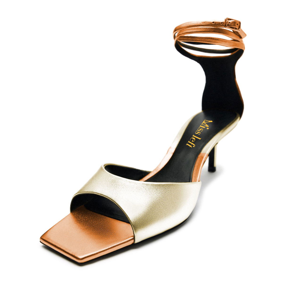 Gold & Orange Metallic Open Square Toe Kitten Heel Summer Sandals Nicepairs