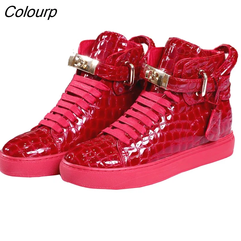 Colourp Women Embossed Crocodile High Top Sneakers Lock Lace Red Sneakers Real Leather Platform Woman Sneakers Casual Shoes