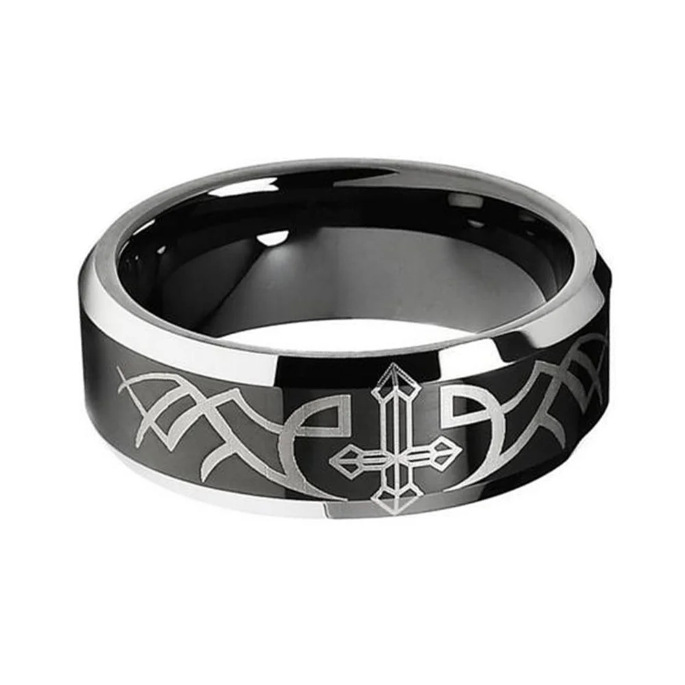 Black Cross Tungsten Mens Ring Silver Laser Pattern Polished Finished