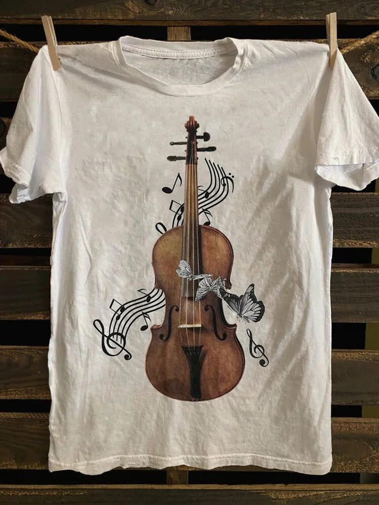 Men's Violin Butterfly Graphic Print Cotton Casual T-Shirt