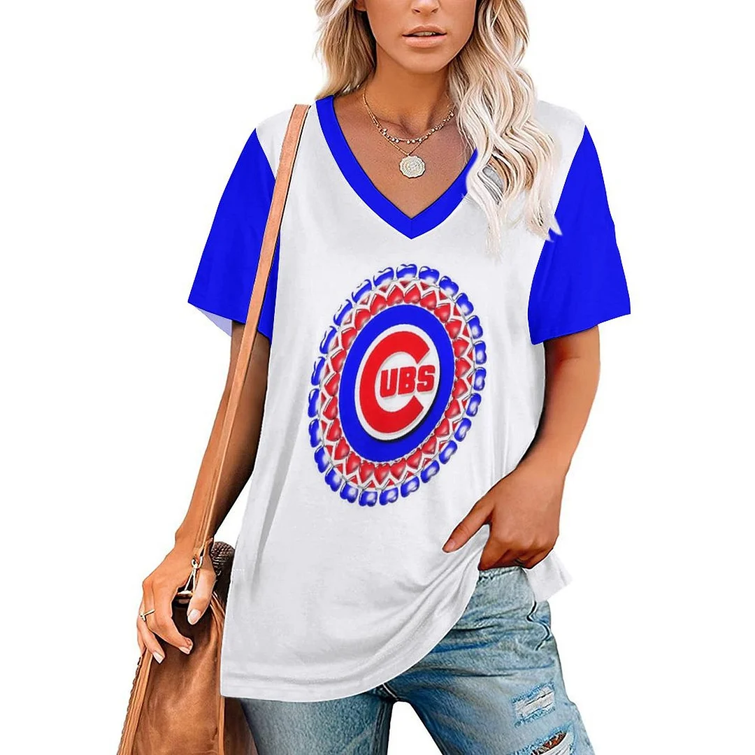 V-neck Short Sleeve Casual T-shirt for  Women Printed with Pattern,Blue,Red