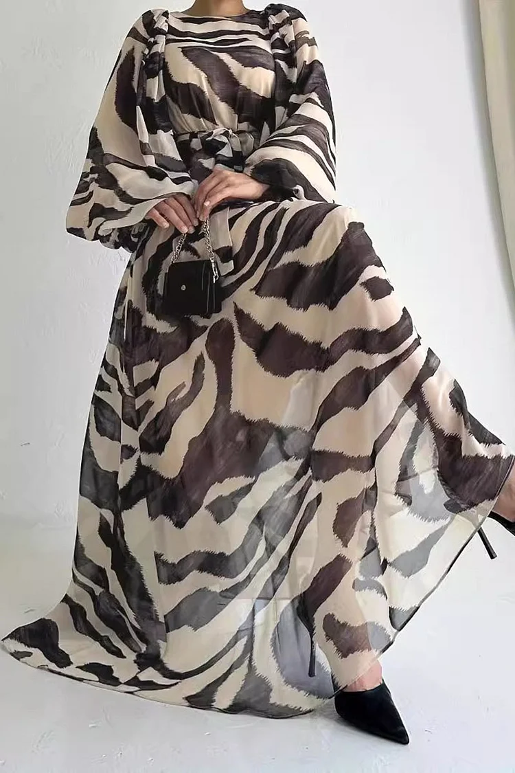 Zebra Print Lantern Sleeve Round Neck Tie Waist Chiffon Maxi Dresses