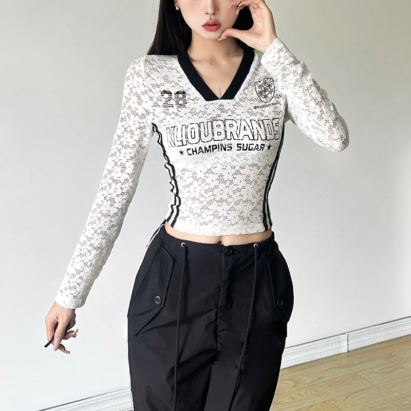 Churchf New Women's Vintage Letters High Waist Perspective V-Necked T-Shirt In Fall 2024