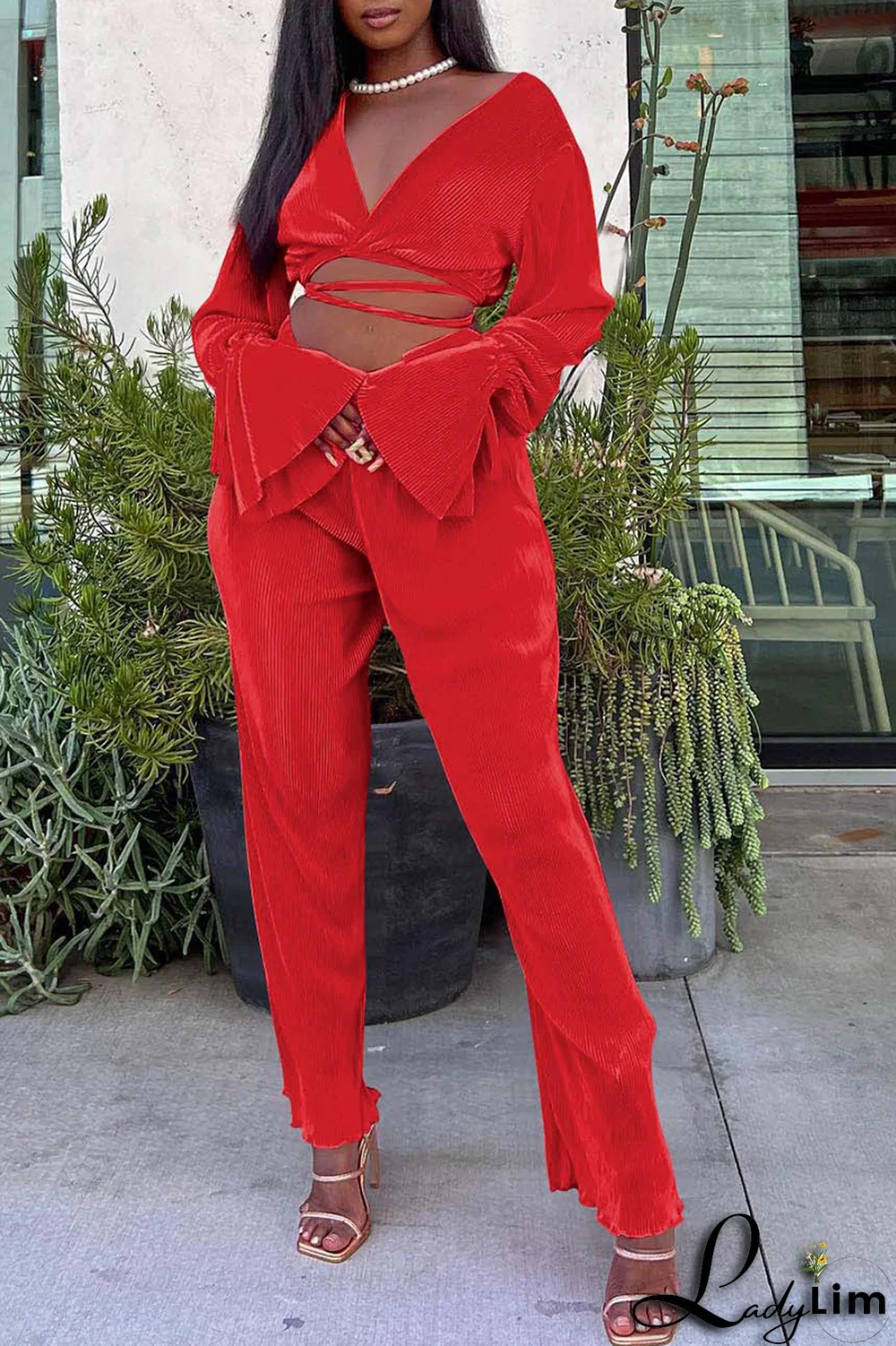 Red Casual Solid Fold O Neck Long Sleeve Two Pieces