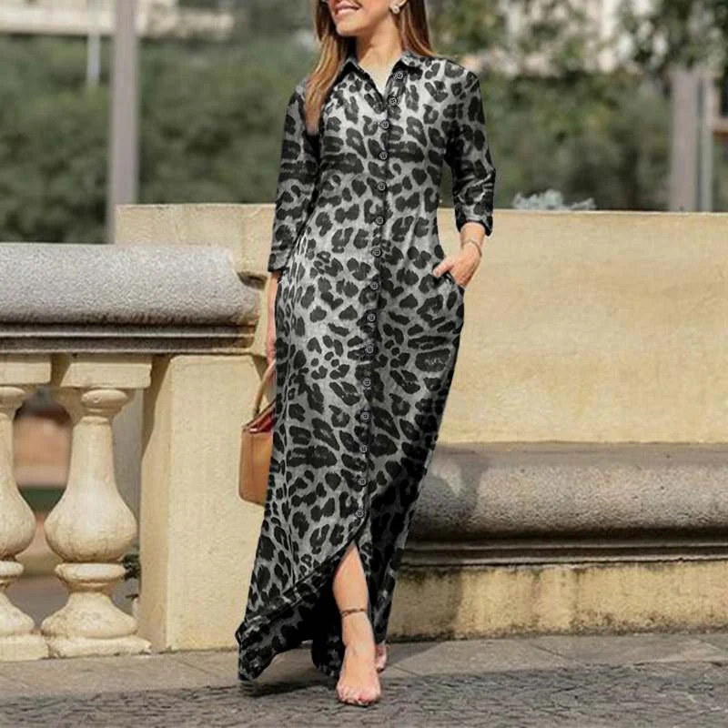 Casual Long Sleeve Dress VONDA Women Lapel Collar Button Down Long Shirt Dress  Spring Fall Vintage Leopard Vestidos
