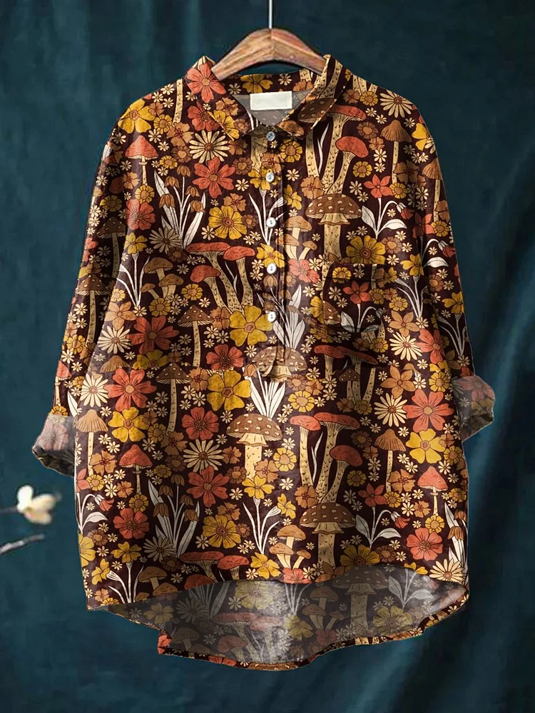 Womens   Mushroom  Art Print Casual Cotton And Linen Shirt