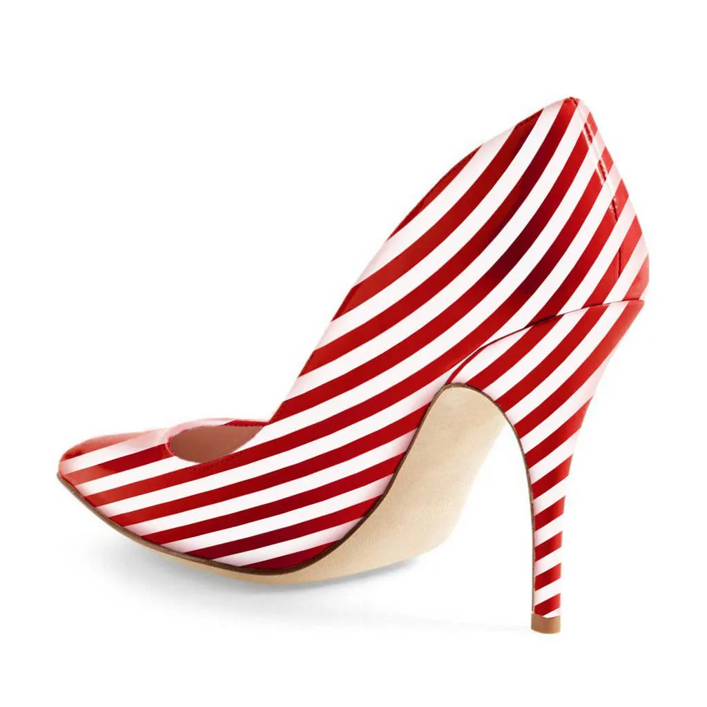YDN Red & White Stripes Pointed Toe Stiletto Heel Pumps Shoes