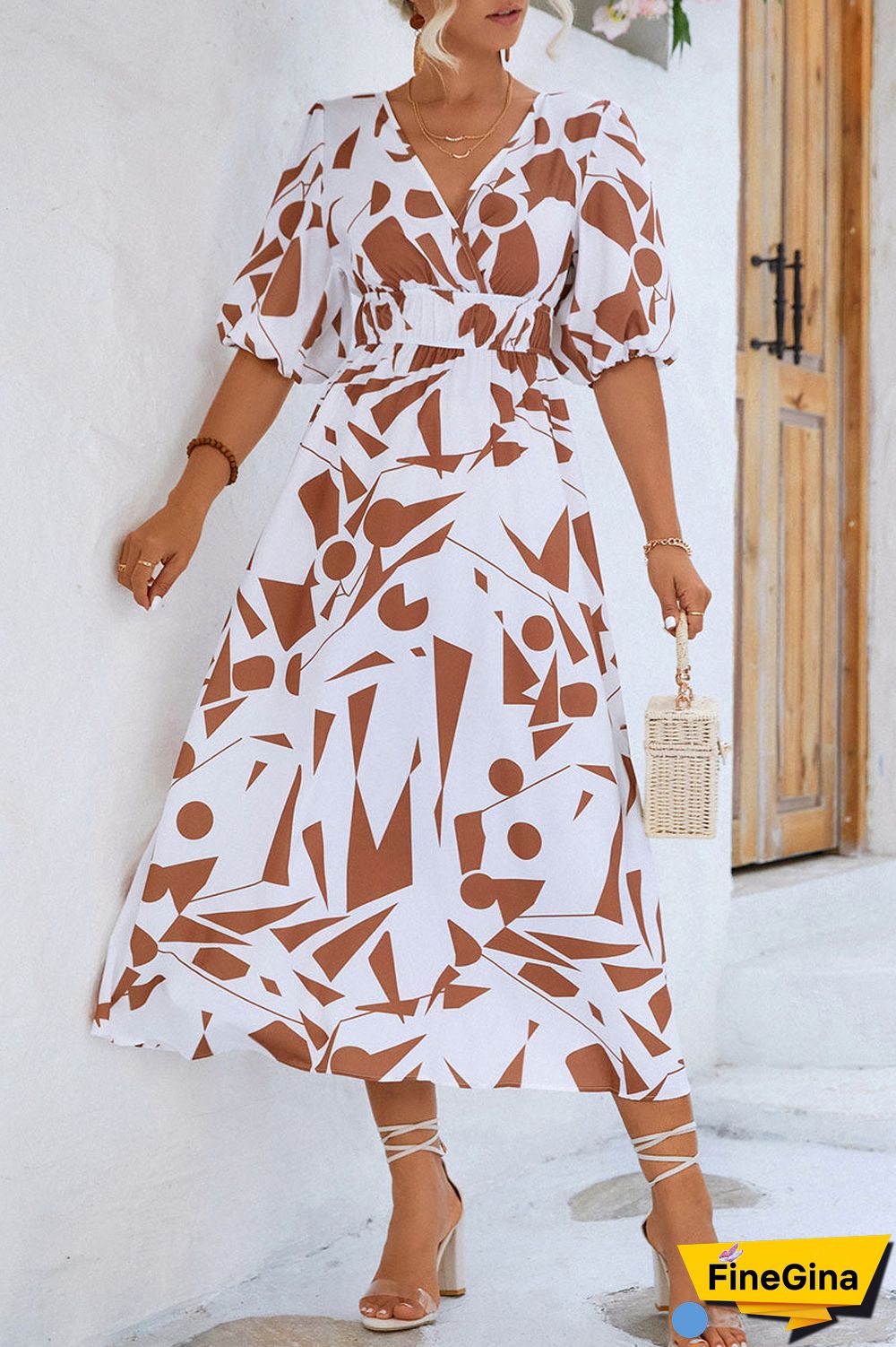 Print V Neck Beach Bubble Sleeve Midi Dress