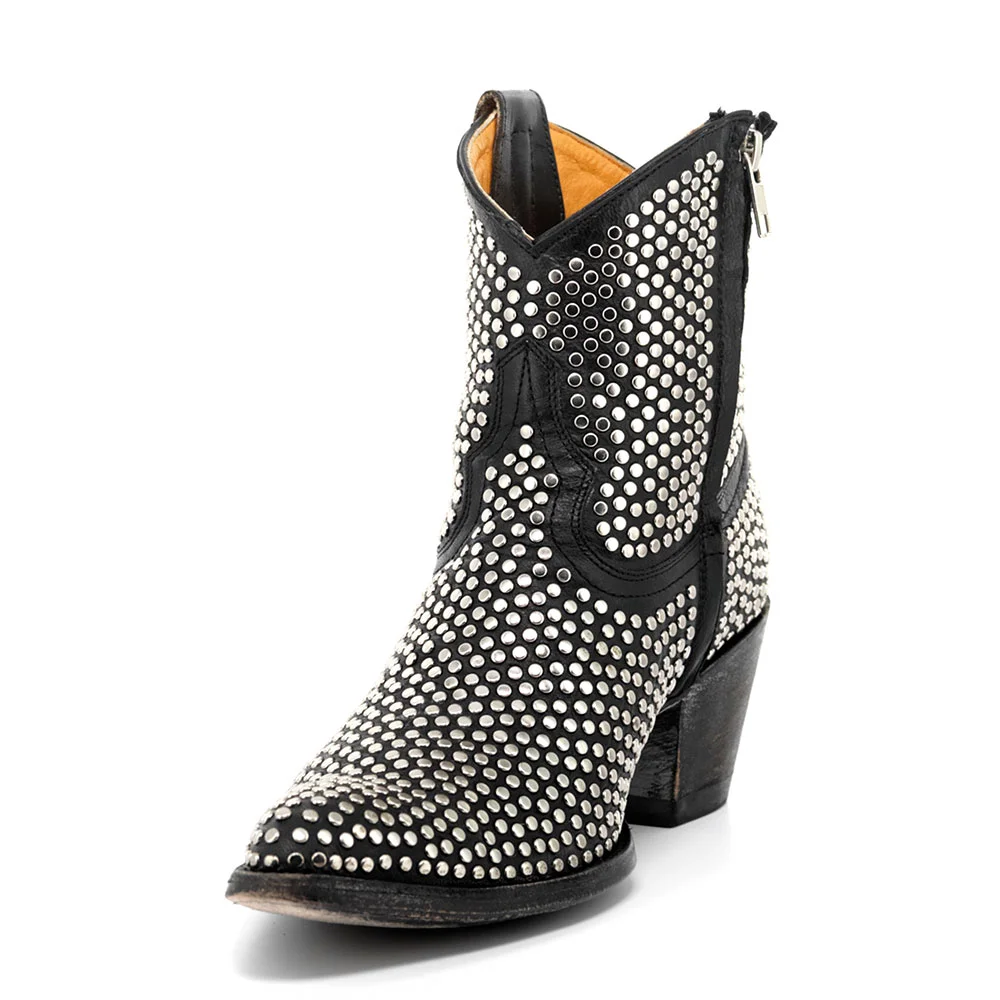 Black Pointed Toe Studded Western Boots for Women with Zipper
