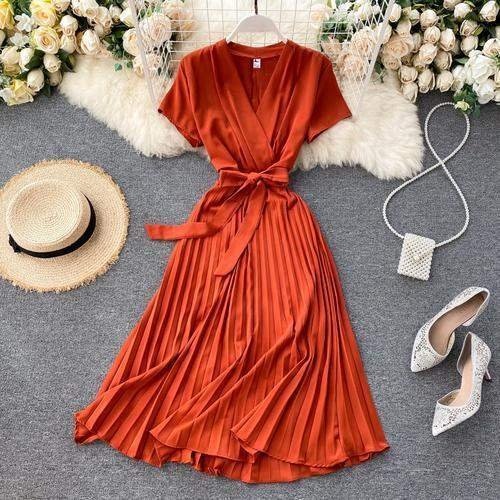 Autumn Fashion New Female Solid Pleated Dress Women V neck Short Sleeves Sashes Long Dresses Summer Streetwear Vintage