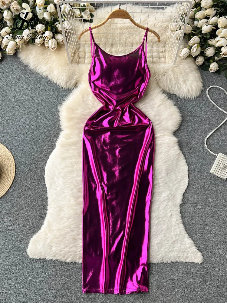 Huibahe Sexy Bodycon Satin Camis Dress Backless High Waist Fashion Hollow Out Shiny Summer 2024 Women Party Long Dress