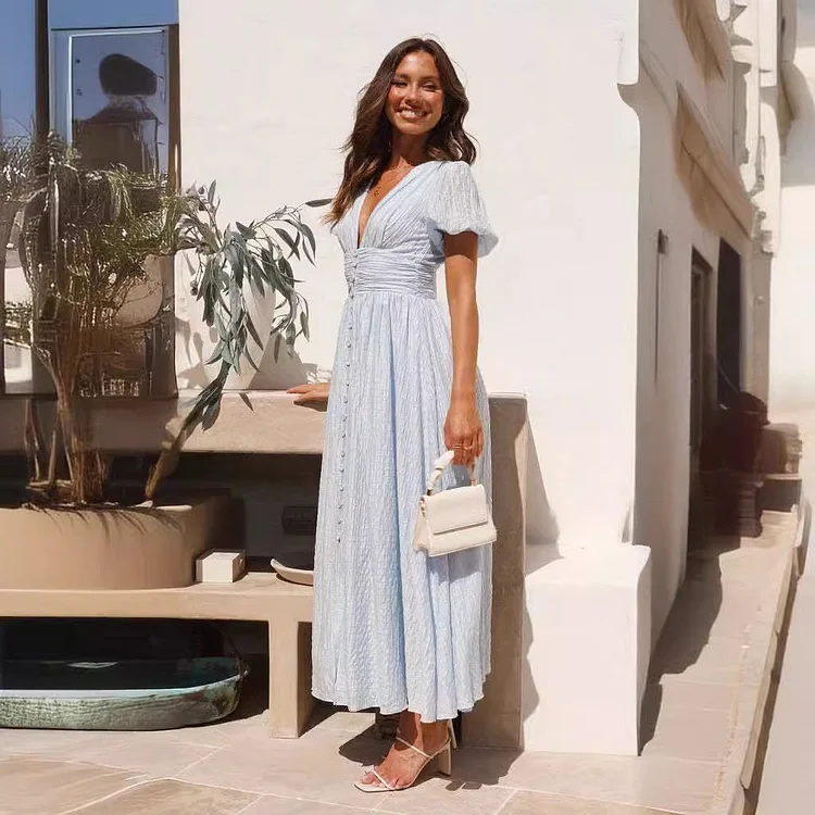 Rustic V Neck Button Zip Pleated Slit Puff Sleeve Maxi Dress 