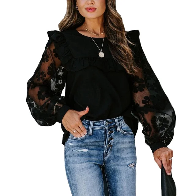 Patchwork Round Neck Long Sleeve Blouse