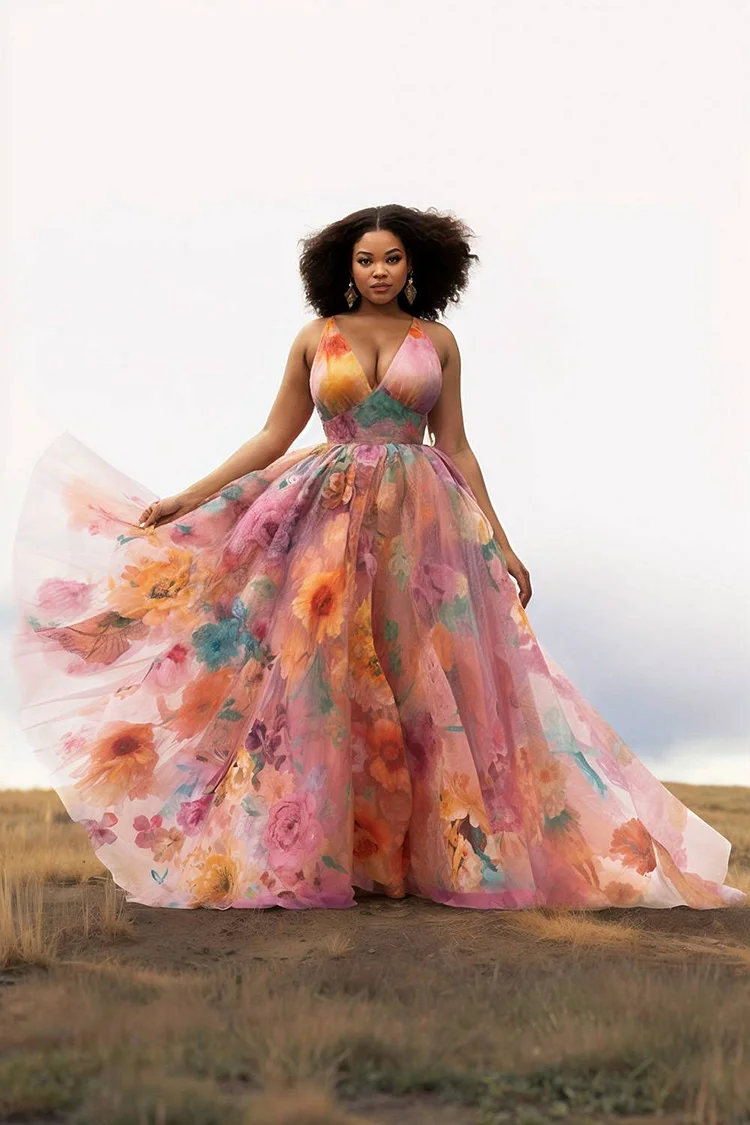 Xpluswear Design Plus Size Wedding Guest Pink Floral V Neck Sundress Tulle Maxi Dresses