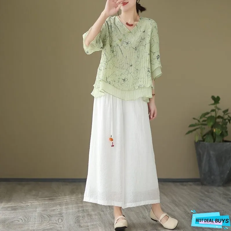 Loose Summer Retro Print Loose Linen Blouse