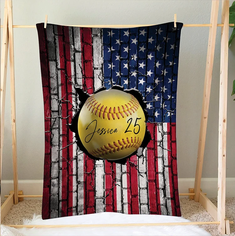 Personalized Softball Blanket, Ball & US Flag Blanket, Custom Soft Cozy Blankets | BKKid373