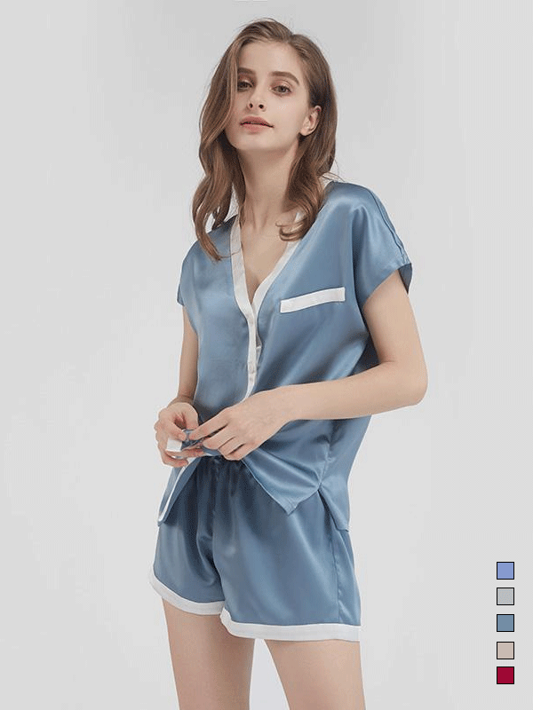22 MOMME Pyjama en soie court avec bordure contrastante pour femme丨Plusieurs couleurs à sélectionner- SOIE PLUS
